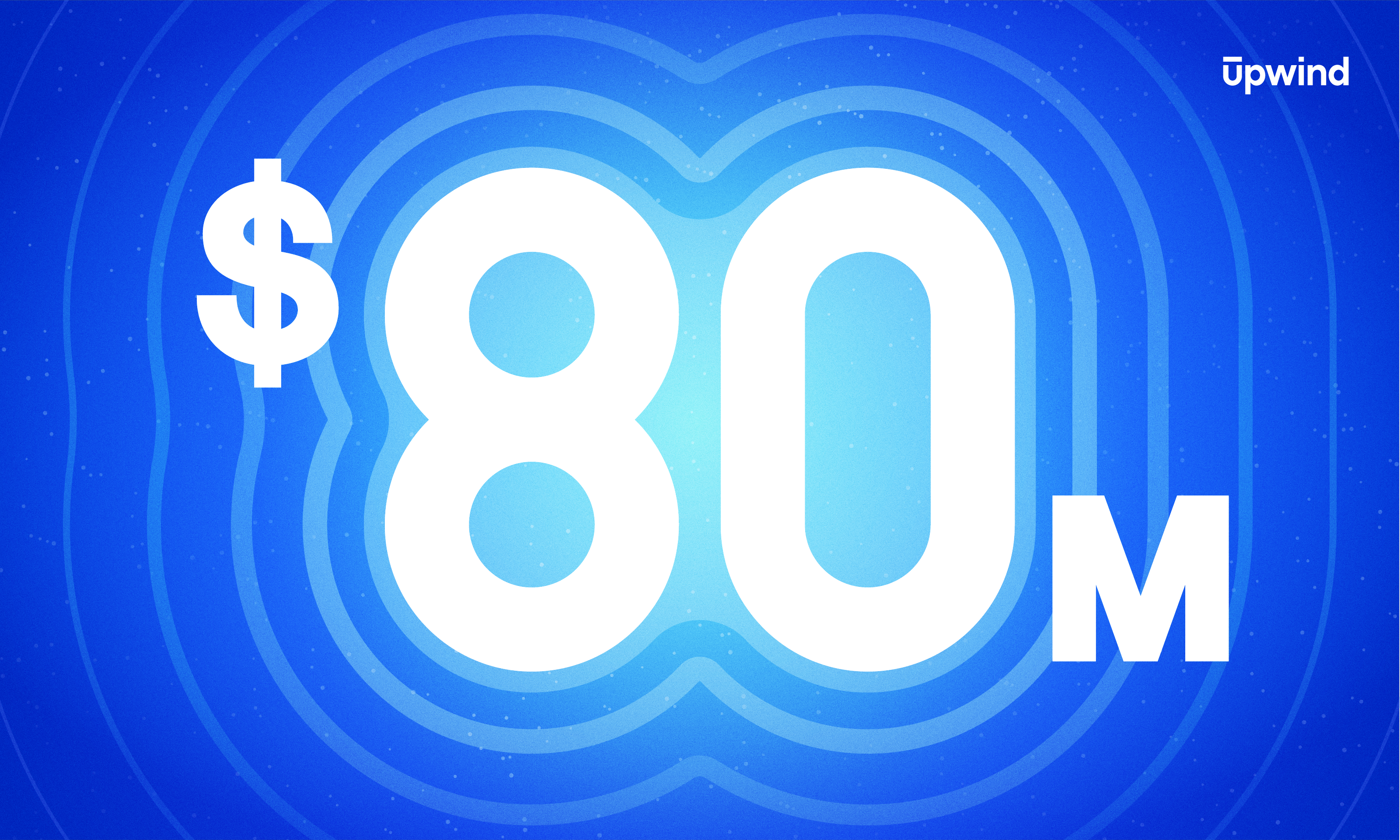 A blue background with concentric circles features the text $80M in large, bold white font. The word Upwind is in the top right corner.
