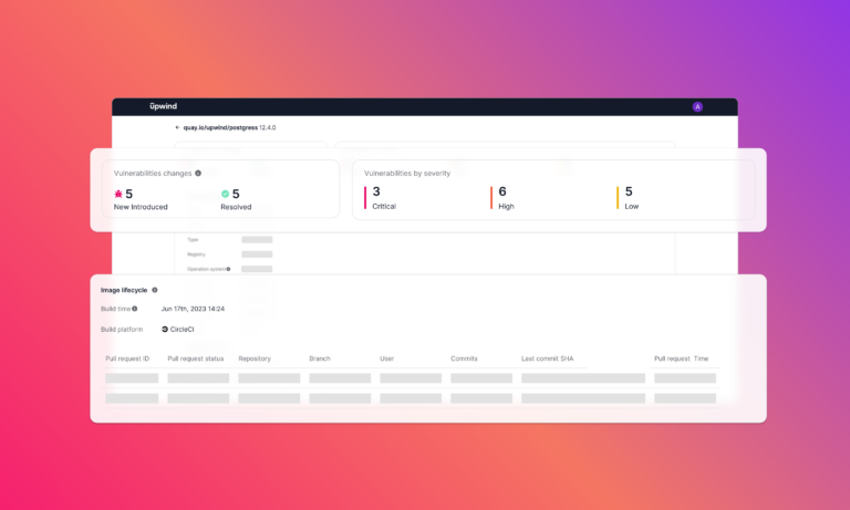 A software dashboard displaying vulnerability data. It shows 5 new and 5 resolved vulnerabilities, with severity breakdown as 3 critical, 6 high, 5 low. An Image lifecycle section lists build details and statistics on pulls and branches.