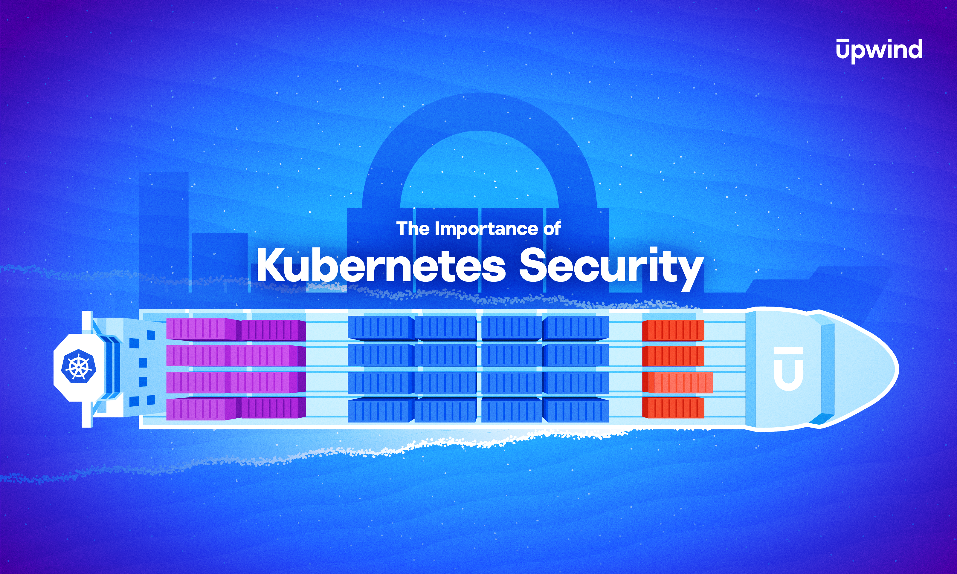 Illustration of a large ship on a blue ocean background with text that reads The Importance of Kubernetes Security. The ships design includes subtle Kubernetes symbols and the word Upwind in the top right corner.
