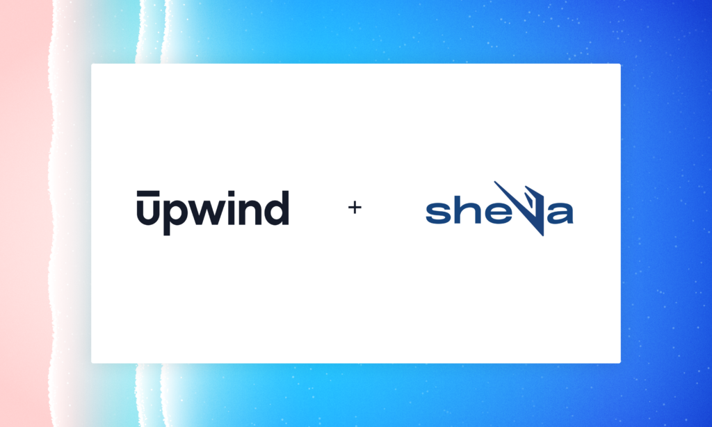 A white rectangle with the words Upwind and Sheva on a blue and pink gradient background.