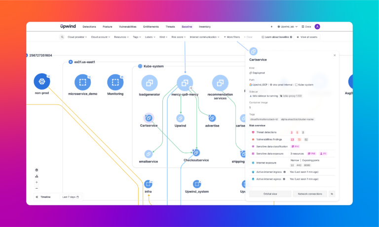 Screenshot of a software interface showing a network map with connected nodes labeled as various systems like microservice_demo and Cartservice. The interface displays details of a node, including service issues and resource usage, against a gradient background.