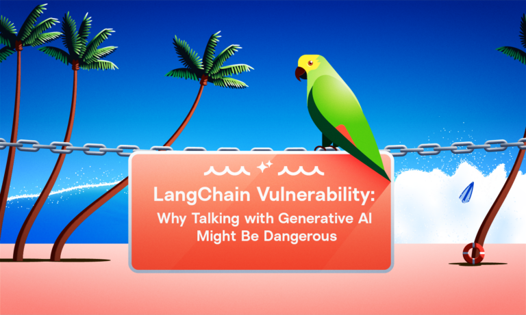 A parrot sits on a chain above a red warning sign on a beach. The sign reads: LangChain Vulnerability: Why Talking with Generative AI Might Be Dangerous. Palm trees and waves are in the background.
