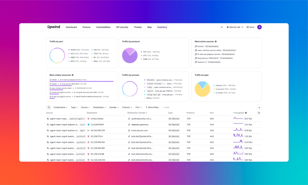 A dashboard interface displaying network traffic data. It features charts and graphs for traffic by port, protocol, resource, process, and type. The background has a gradient from blue to purple to pink. Tables and visualizations summarize the data.
