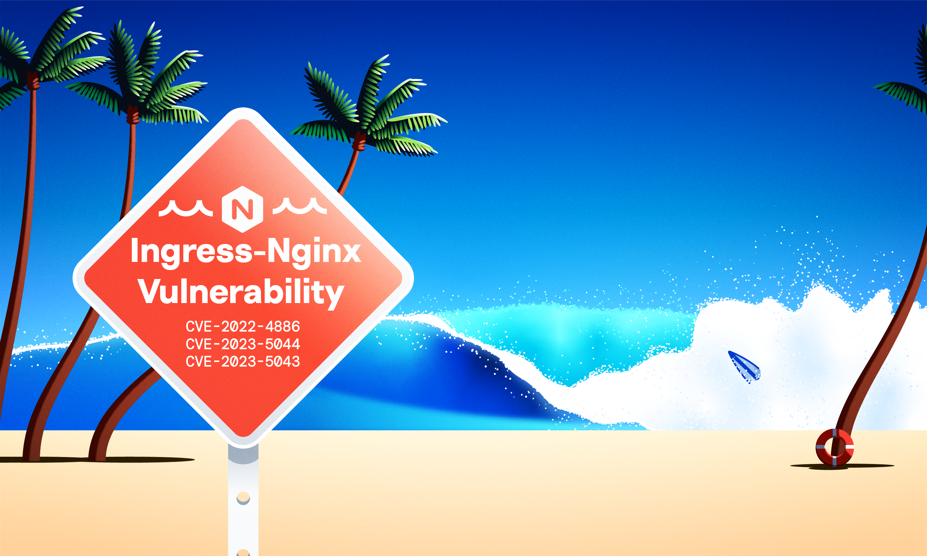 A beach scene with palm trees and a warning sign stating Ingress-Nginx Vulnerability with CVE IDs. A big wave crashes in the background, and a lifebuoy hangs on a tree.