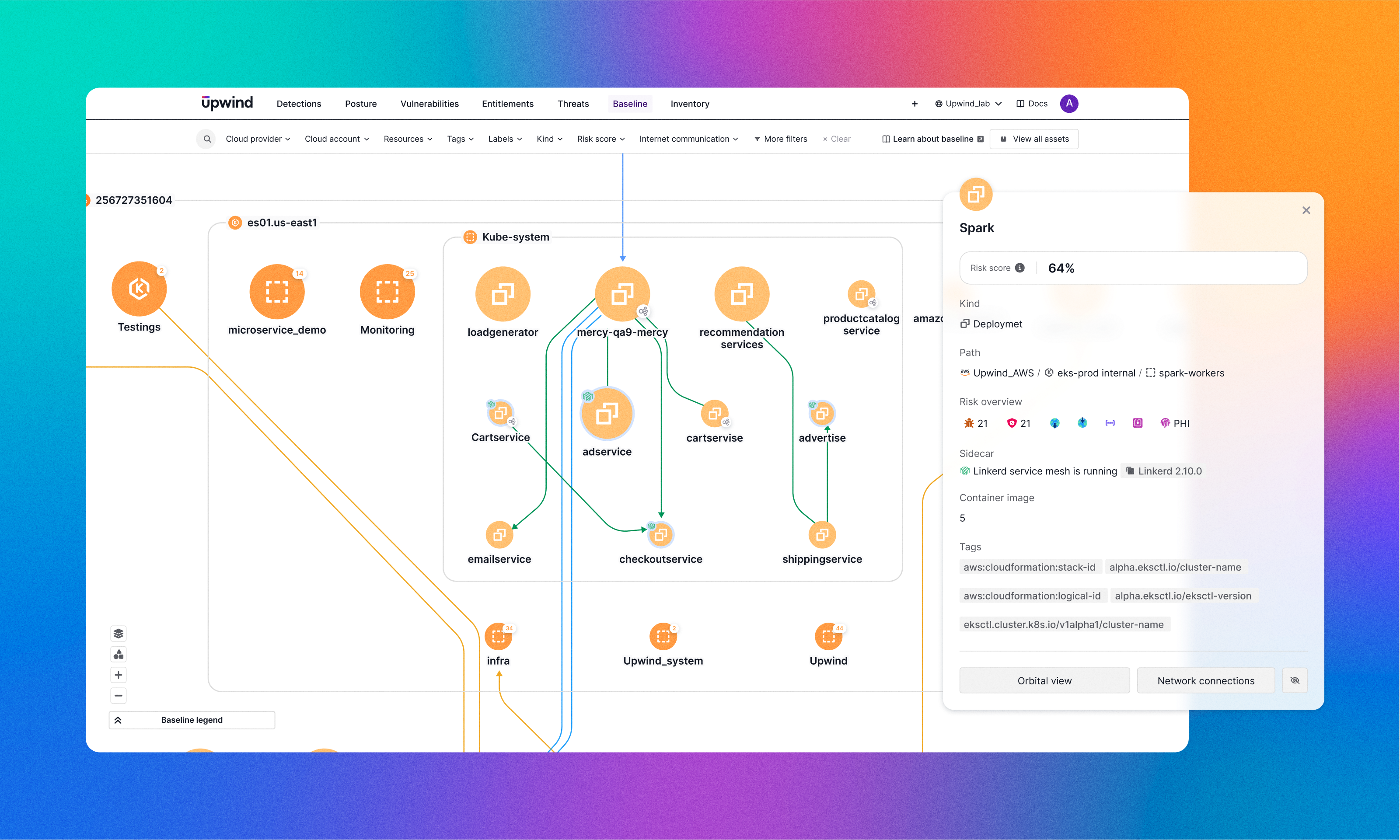 A software interface displays a network diagram with orange nodes connected by lines, representing a system architecture. On the right, a panel shows detailed information about a node labeled Spark, including CPU usage and deployment options.