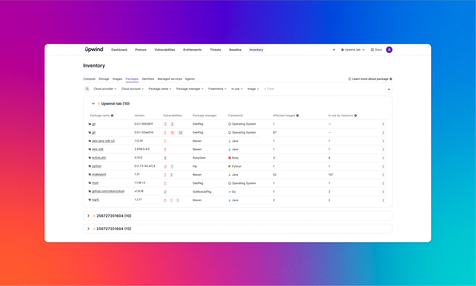 Screenshot of a software application showing the Inventory section. It lists package names, scores, vulnerabilities, impact factors, and related images. The interface is clean with a gradient background transitioning from blue to pink and orange.