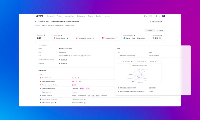 A screenshot of a dashboard displaying vulnerability analysis. The screen shows sections for threat detection, data exposure, and network information. A circular graph and various tags are present, with a purple and pink gradient background.