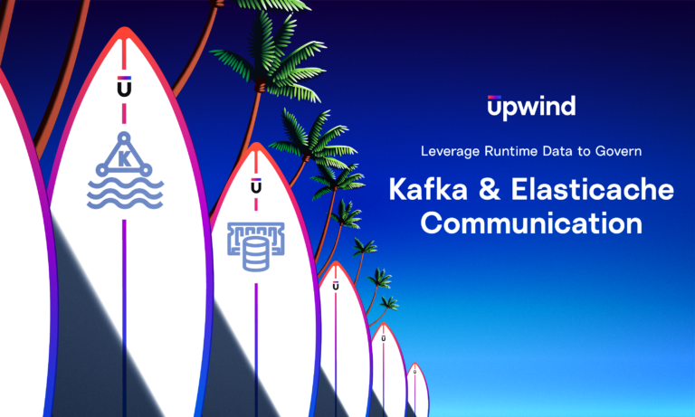 Surfboards under palm trees promoting Upwinds event on leveraging runtime data to govern Kafka and ElastiCache communication. Bold text displays Kafka & ElastiCache Communication on a gradient blue background.
