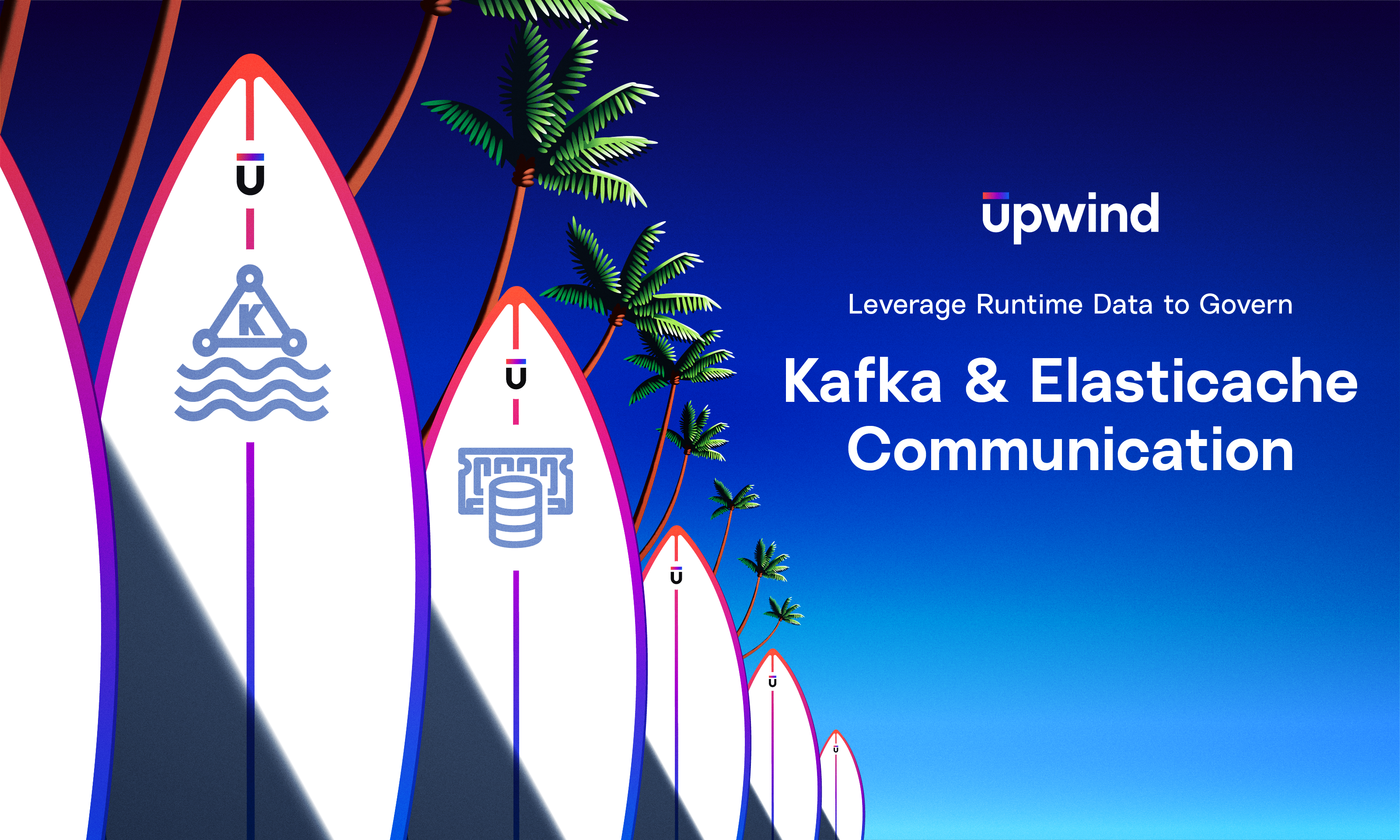 Surfboards under palm trees promoting Upwinds event on leveraging runtime data to govern Kafka and ElastiCache communication. Bold text displays Kafka & ElastiCache Communication on a gradient blue background.