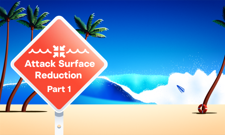 A tropical beach scene with palm trees and a large ocean wave. In the foreground, a red warning sign reads Attack Surface Reduction Part 1 with a wave graphic above the text.