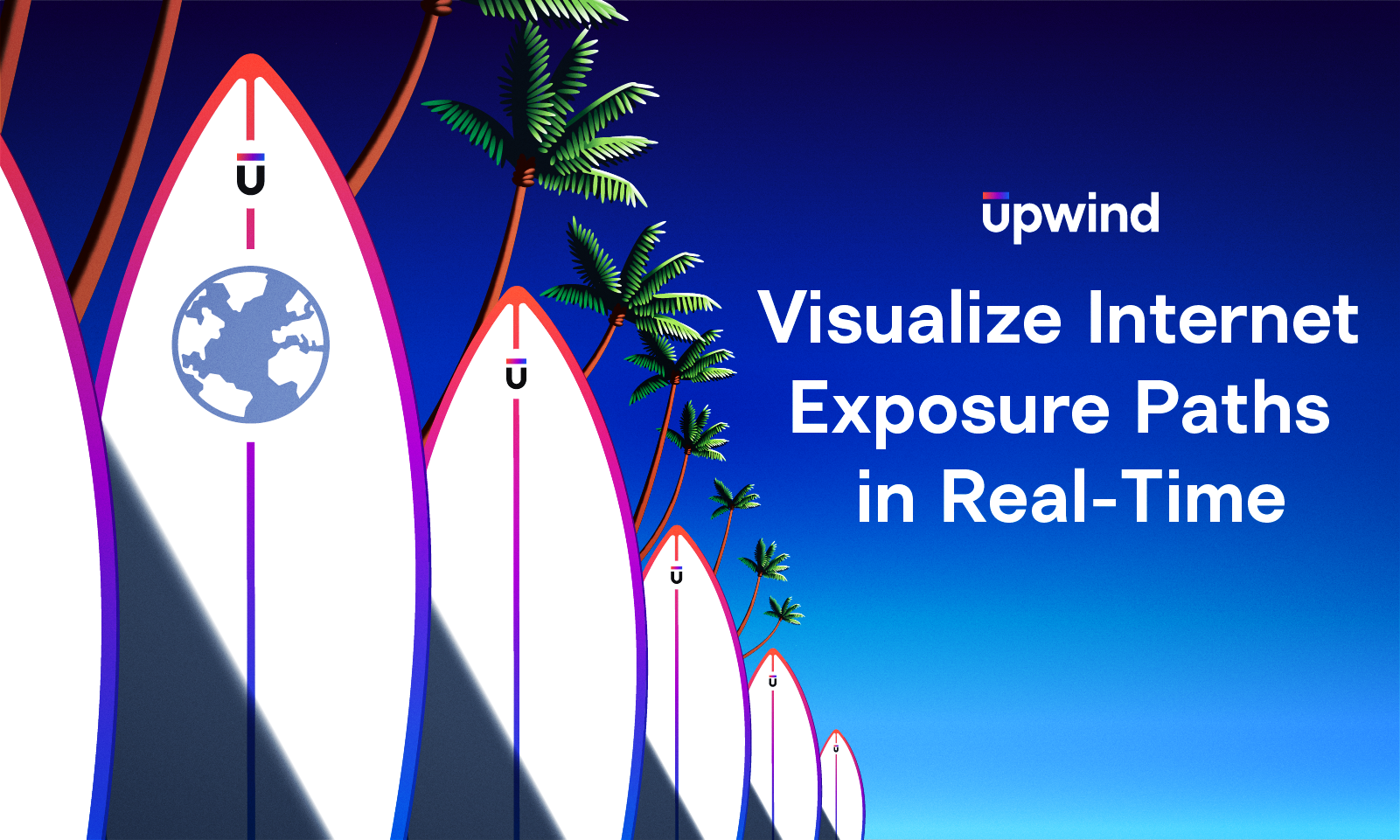 Surfboards with a globe icon and U logo lean against palm trees against a blue sky. The text reads, Visualize Internet Exposure Paths in Real-Time with the Upwind logo above.
