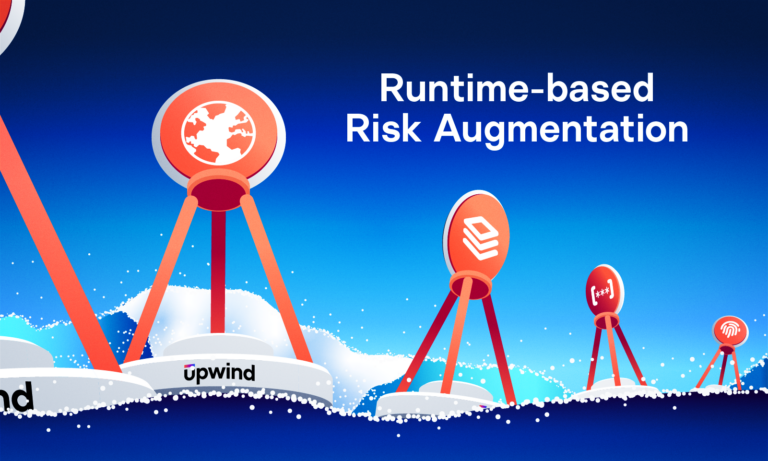 Illustration of multiple red tripods with icons at the top, standing on snowy mountains against a blue sky. The text reads Runtime-based Risk Augmentation. A logo at the bottom says upwind.