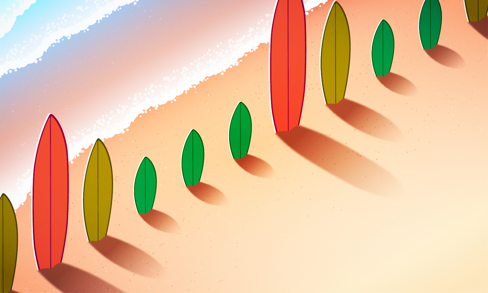 A beach scene with multiple surfboards of varying sizes and colors, including red and green, arranged upright in the sand. The ocean waves are visible in the top left corner, casting shadows on the sand.