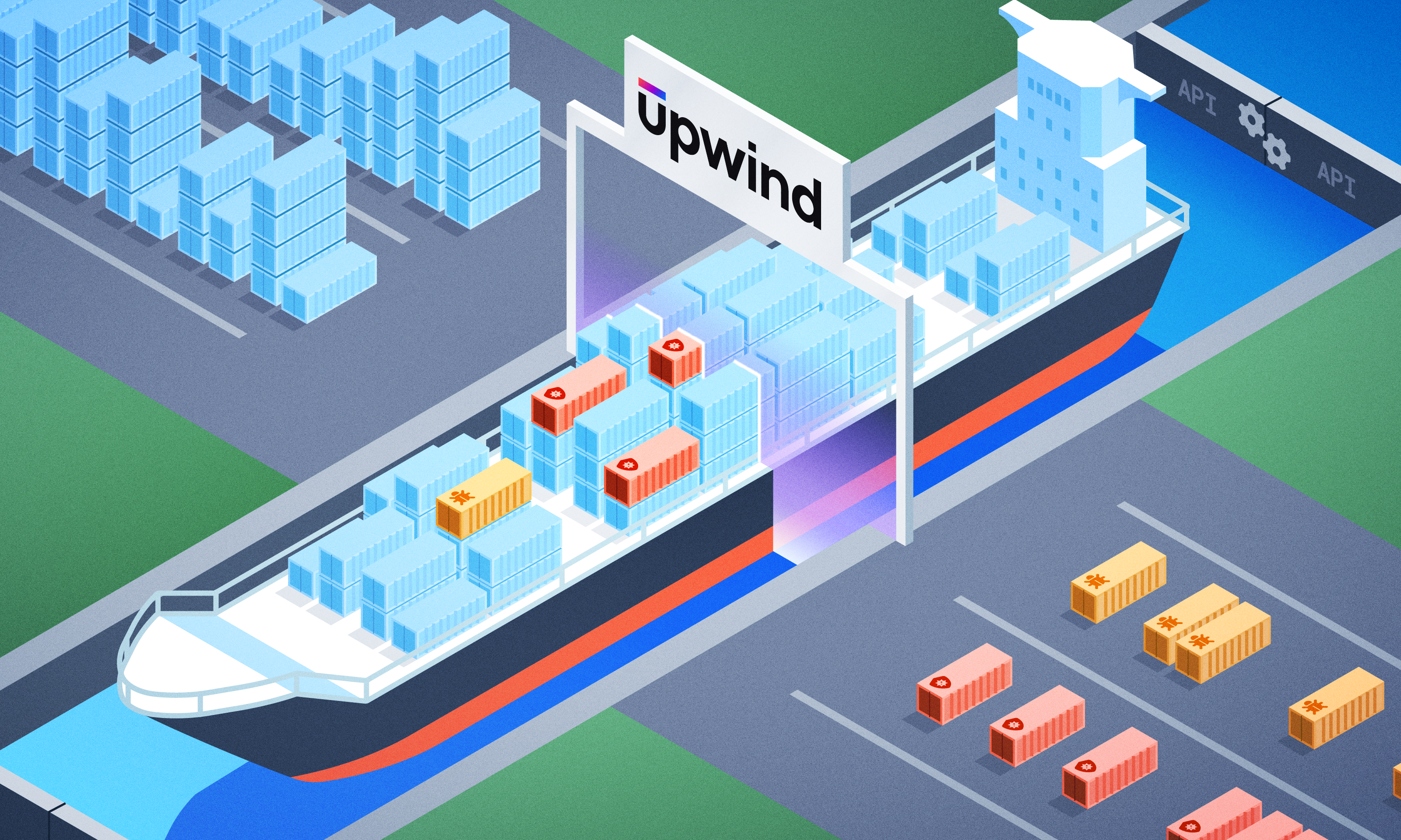 Illustration of a cargo ship passing under a bridge with the word Upwind on it. The ship is loaded with colorful shipping containers. Surrounding the waterway are additional containers and abstract buildings. The scene suggests logistical operations.