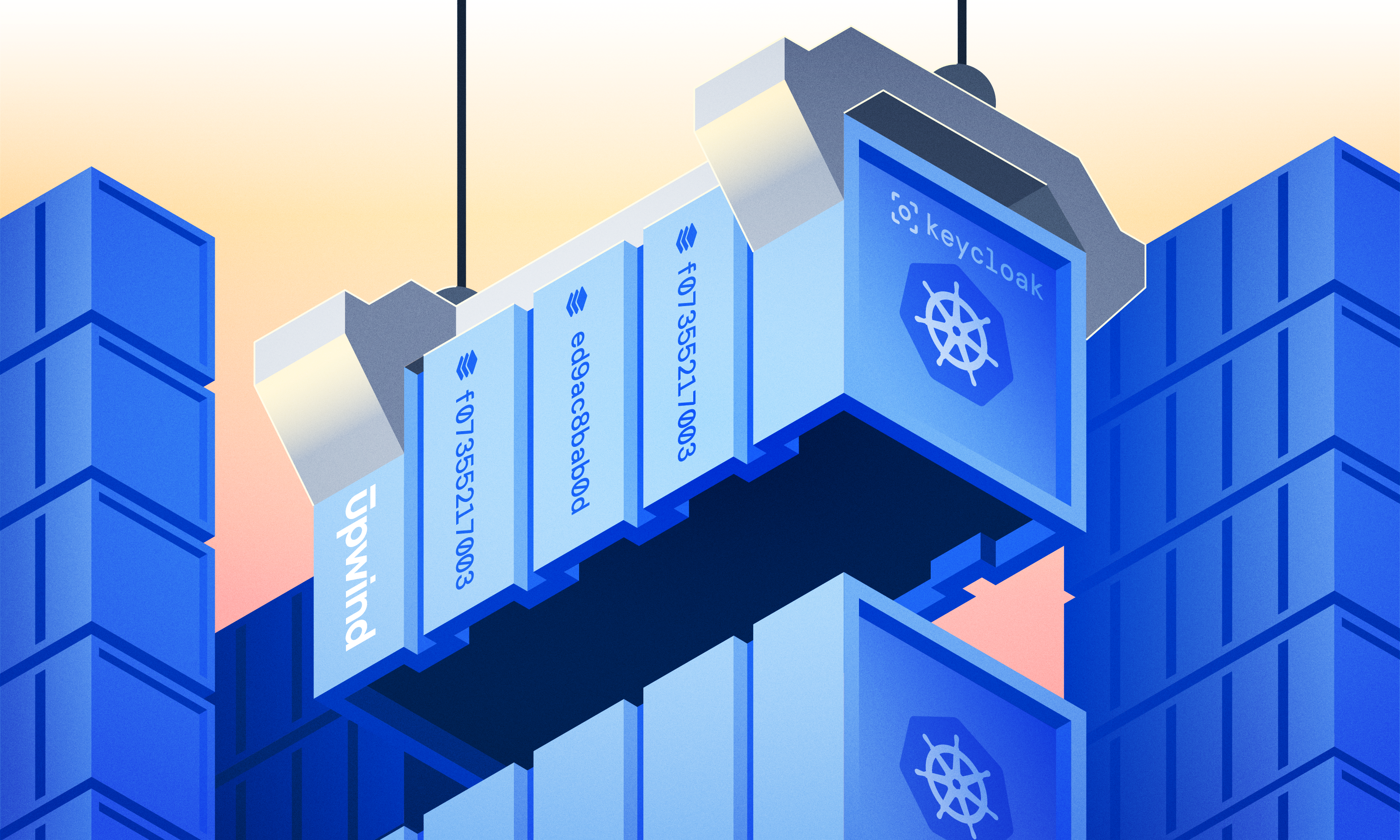 An illustration featuring a crane lifting several server racks with Kubernetes and Keycloak logos. The background includes large digital storage units. Labels on the racks display data strings and the name Upwind.