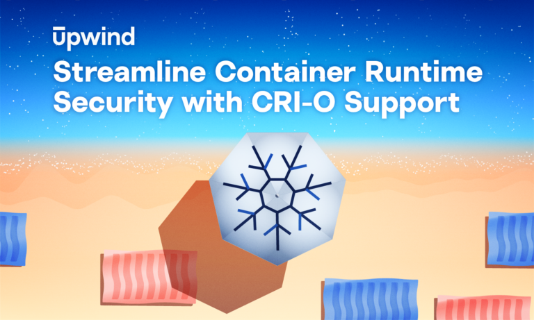 Abstract illustration featuring a large hexagon with a snowflake design in the center. The background shows a gradient sky, and the text reads, Upwind: Streamline Container Runtime Security with CRI-O Support.