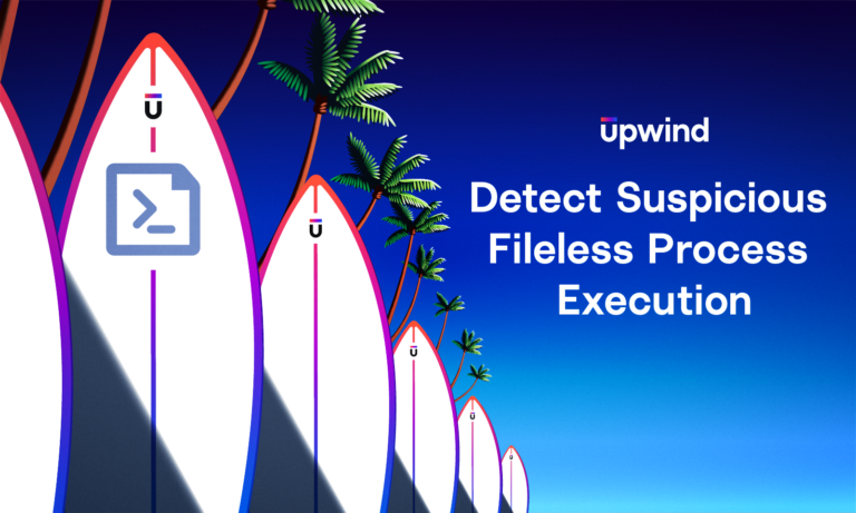 Illustration of five surfboards standing upright on a beach with palm trees. Each has a command line icon. The text reads, Detect Suspicious Fileless Process Execution. A logo with the word upwind is at the top. The background is a gradient blue sky.