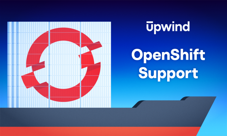 Illustration of a shipping container with the OpenShift logo on a ship, alongside the text Upwind OpenShift Support on a gradient blue background.