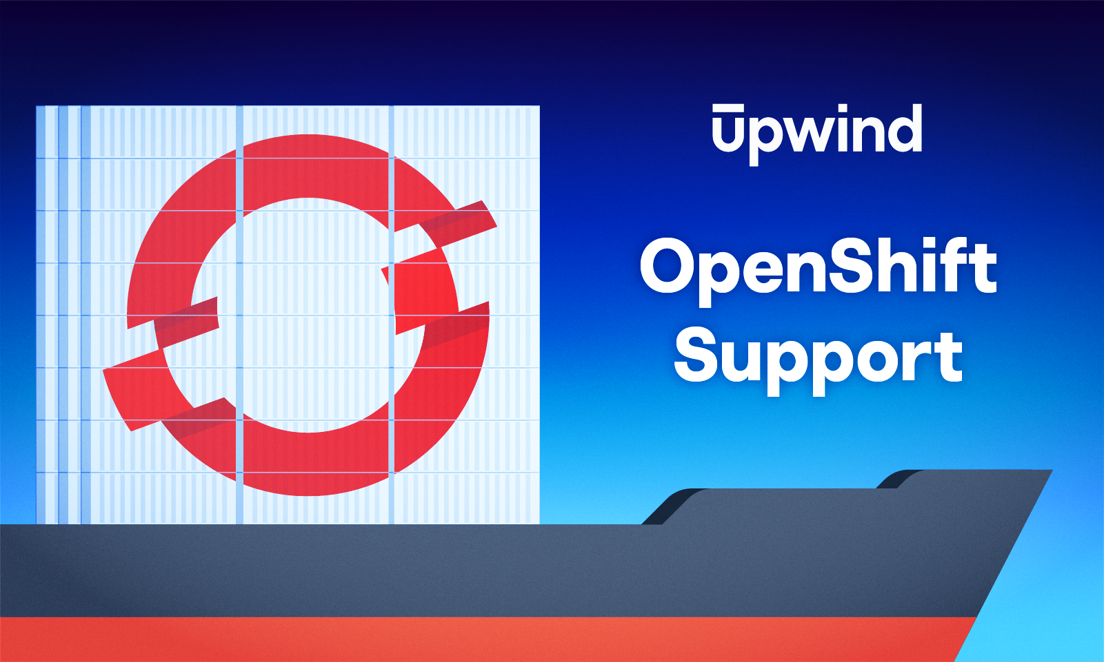 Illustration of a shipping container with the OpenShift logo on a ship, alongside the text Upwind OpenShift Support on a gradient blue background.