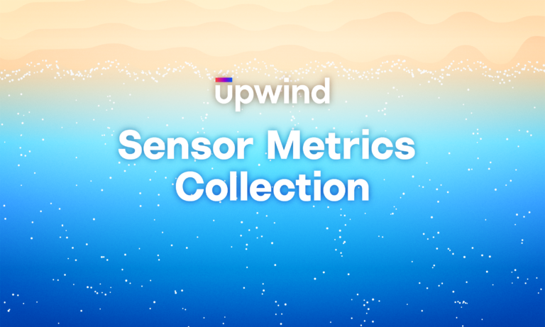Gradient background from sandy beige to blue with white dots. The word Upwind at the top, and Sensor Metrics Collection written in large white text in the center.