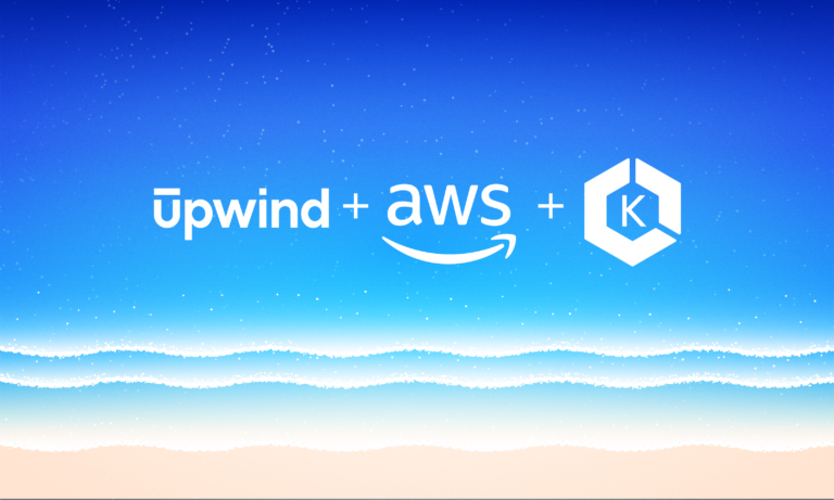 Logos for Upwind, AWS, and Kubernetes are displayed against a blue gradient background with white wavy lines resembling ocean waves.
