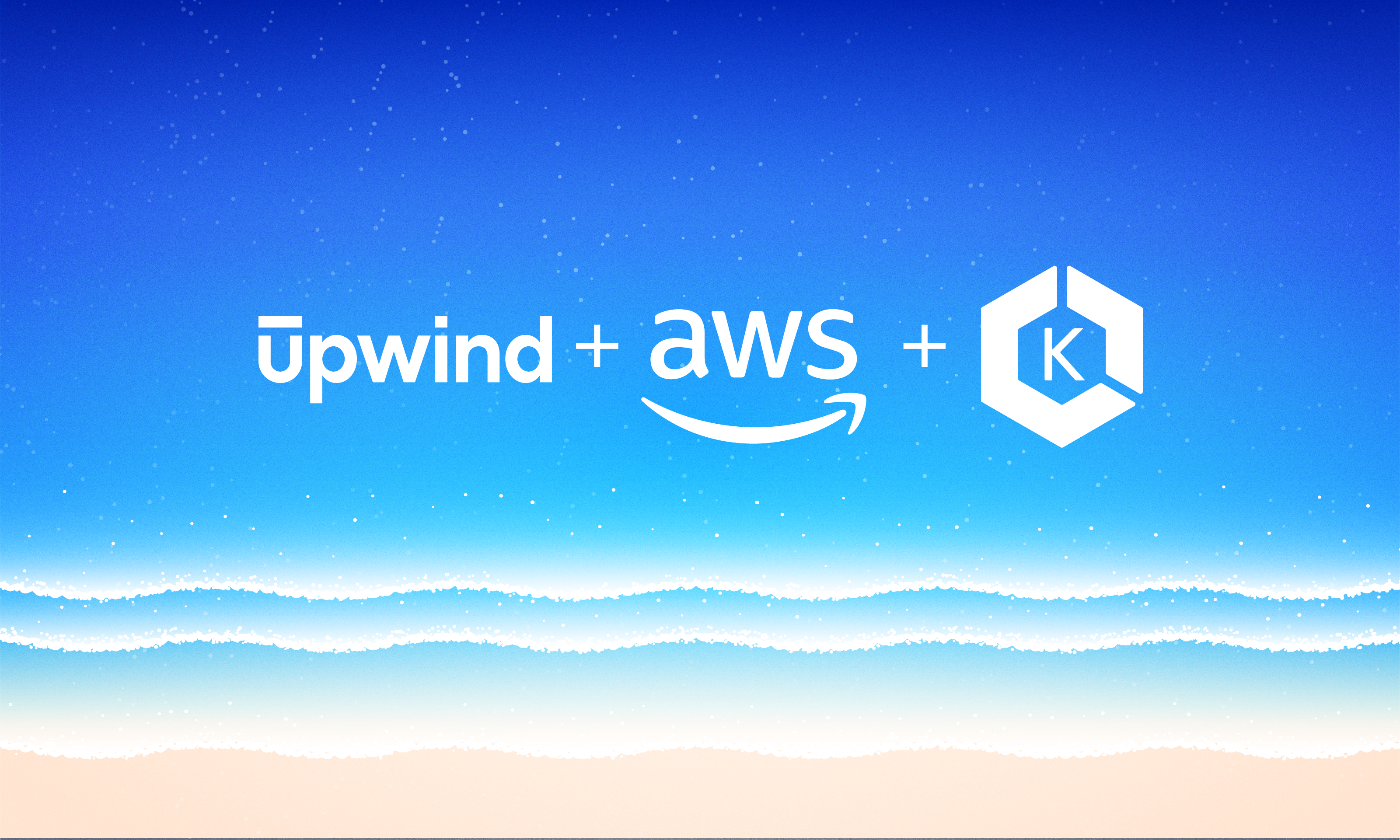 Logos for Upwind, AWS, and Kubernetes are displayed against a blue gradient background with white wavy lines resembling ocean waves.