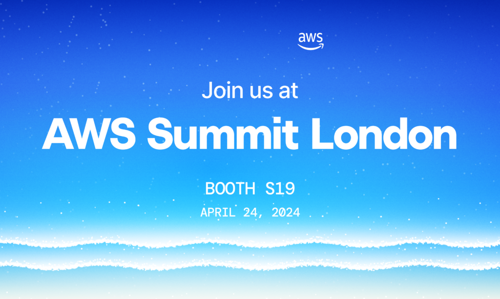 Blue gradient background with white stars and white textured waves along the bottom. Text reads: Join us at AWS Summit London, Booth S19, April 24, 2024, with the AWS logo above.