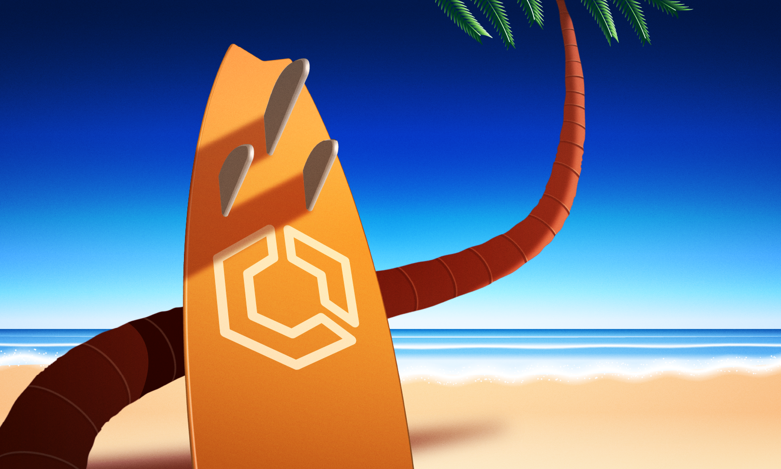 A surfboard with a geometric logo stands upright in the sand beside a curved palm tree on a sunny beach. The ocean waves gently meet the shore under a clear blue sky.
