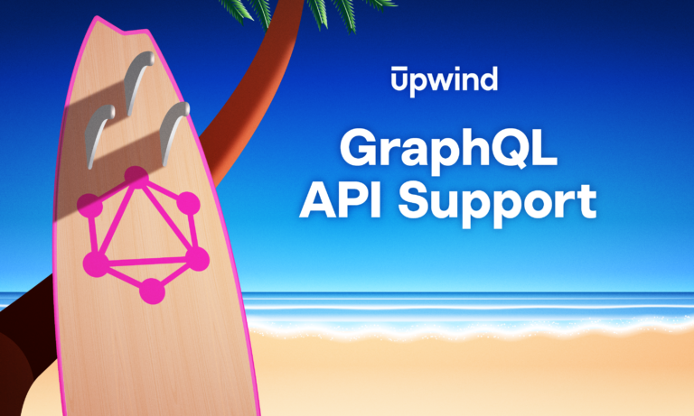 A surfboard with a GraphQL logo leans against a palm tree on a beach. The text Upwind GraphQL API Support appears against a blue sky backdrop, with waves and sandy shore in the background.
