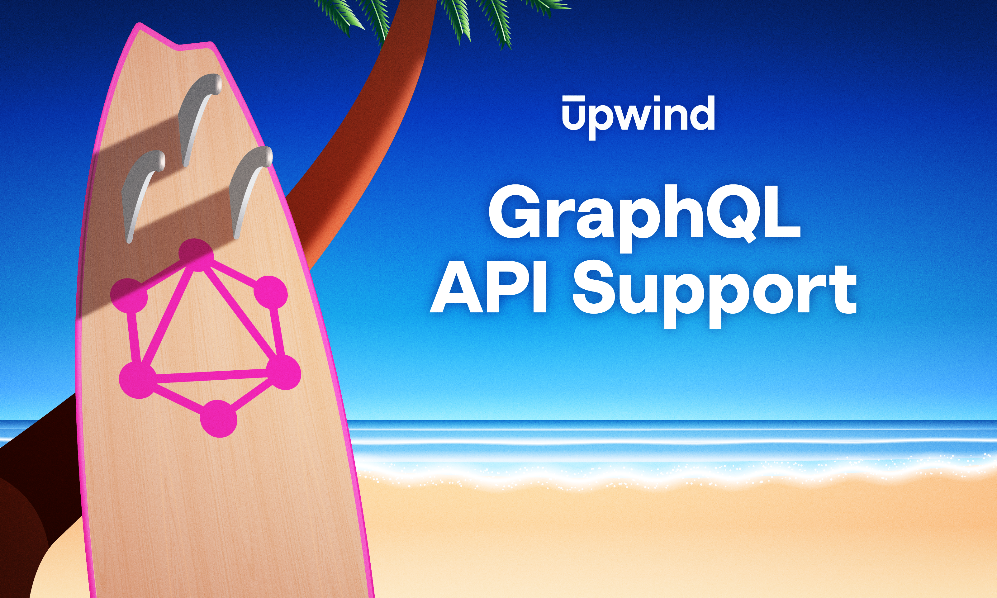 A surfboard with a GraphQL logo leans against a palm tree on a beach. The text Upwind GraphQL API Support appears against a blue sky backdrop, with waves and sandy shore in the background.