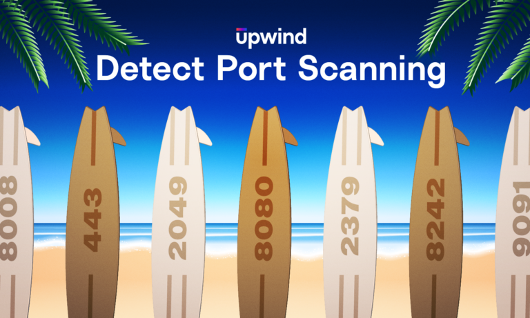 Illustration of six surfboards with numbers (443, 2049, 8080, 2379, 8242) on a beach under palm trees. The text above reads upwind Detect Port Scanning against a blue sky.