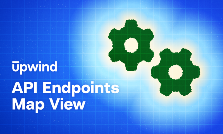 A blue grid background with two green gear icons glowing. The text on the left reads Upwind API Endpoints Map View in bold white letters.