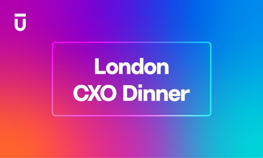 Gradient background with shades of purple, blue, and orange. In the center, white text reads London CXO Dinner inside a rectangular outline. A small logo is in the top left corner.