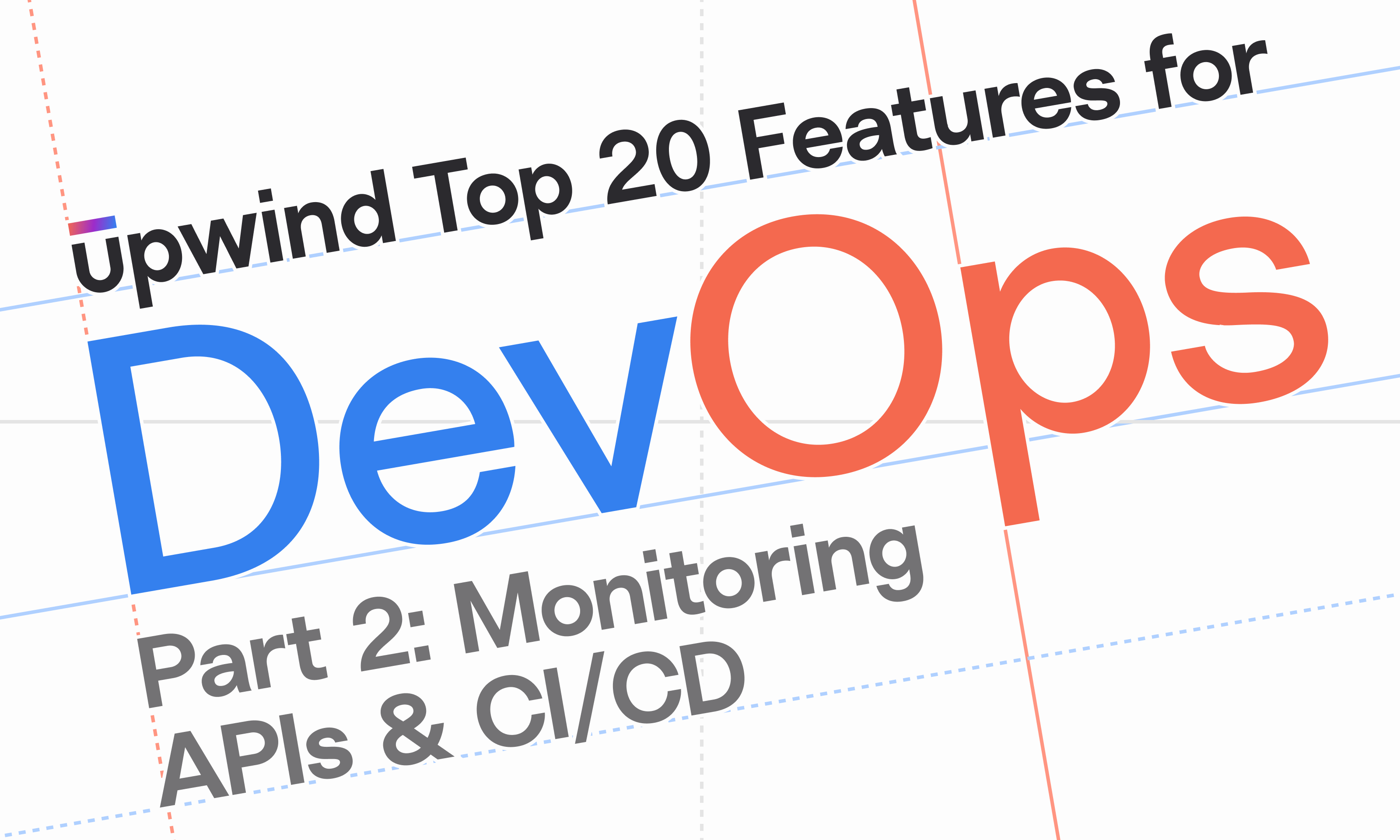 Text in a stylized format reads: upwind Top 20 Features for DevOps Part 2: Monitoring APIs & CI/CD on a white background with grid lines.