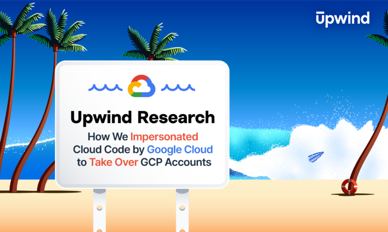 A beach scene with palm trees and ocean waves under a blue sky. A sign reads, Upwind Research: How We Impersonated Cloud Code by Google Cloud to Take Over GCP Accounts with the Google Cloud logo. The Upwind logo is at the top right.