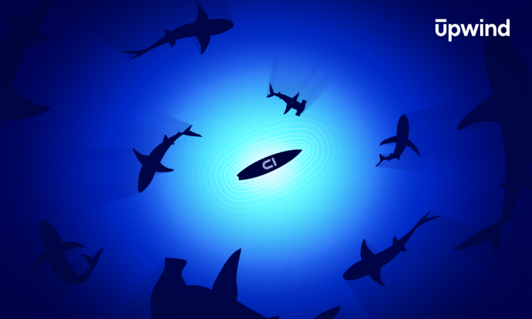 A surfboard labeled CI floats in the center of a circular formation of sharks, silhouetted against a blue background with a light gradient. The word upwind is in the top right corner.