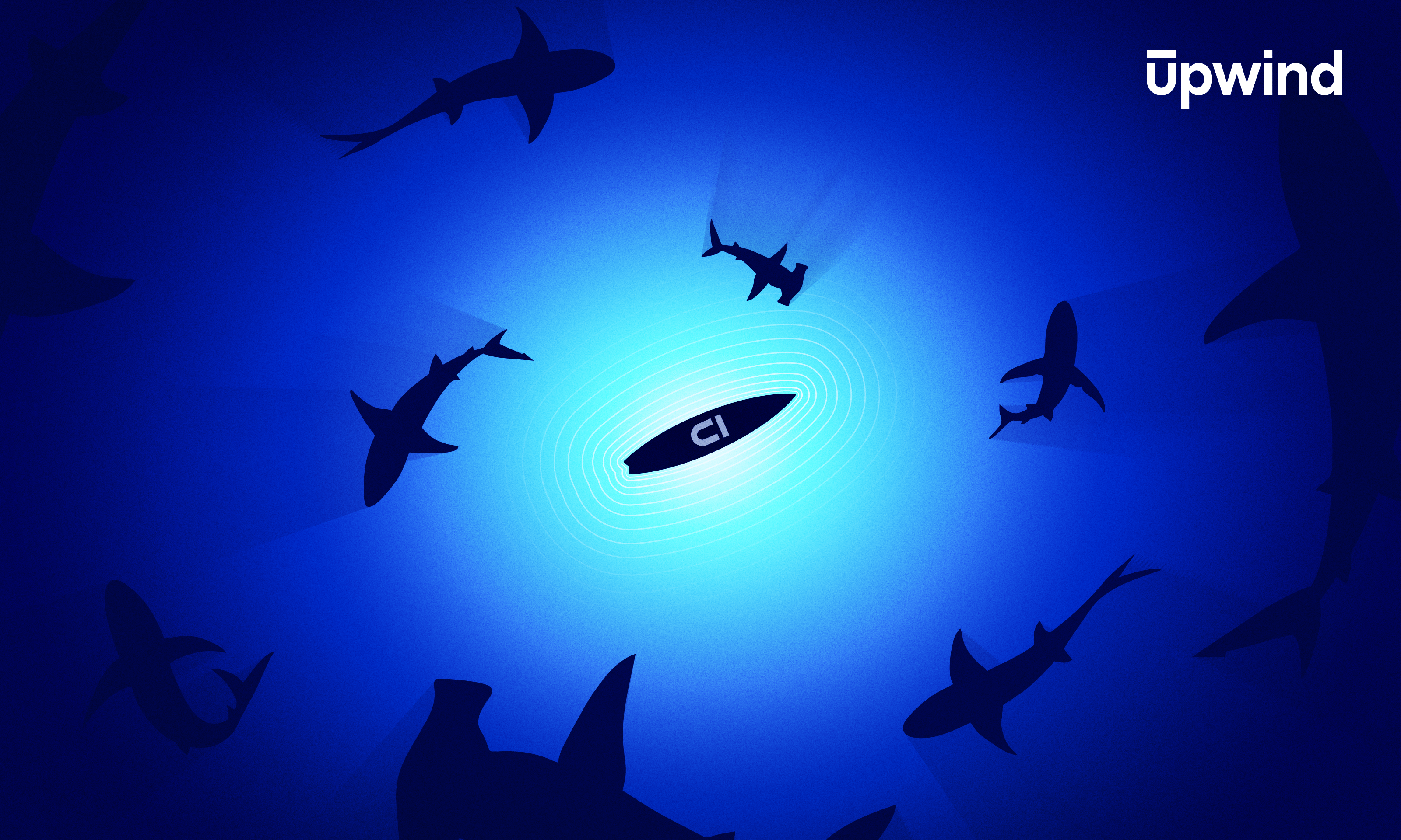 A surfboard labeled CI floats in the center of a circular formation of sharks, silhouetted against a blue background with a light gradient. The word upwind is in the top right corner.