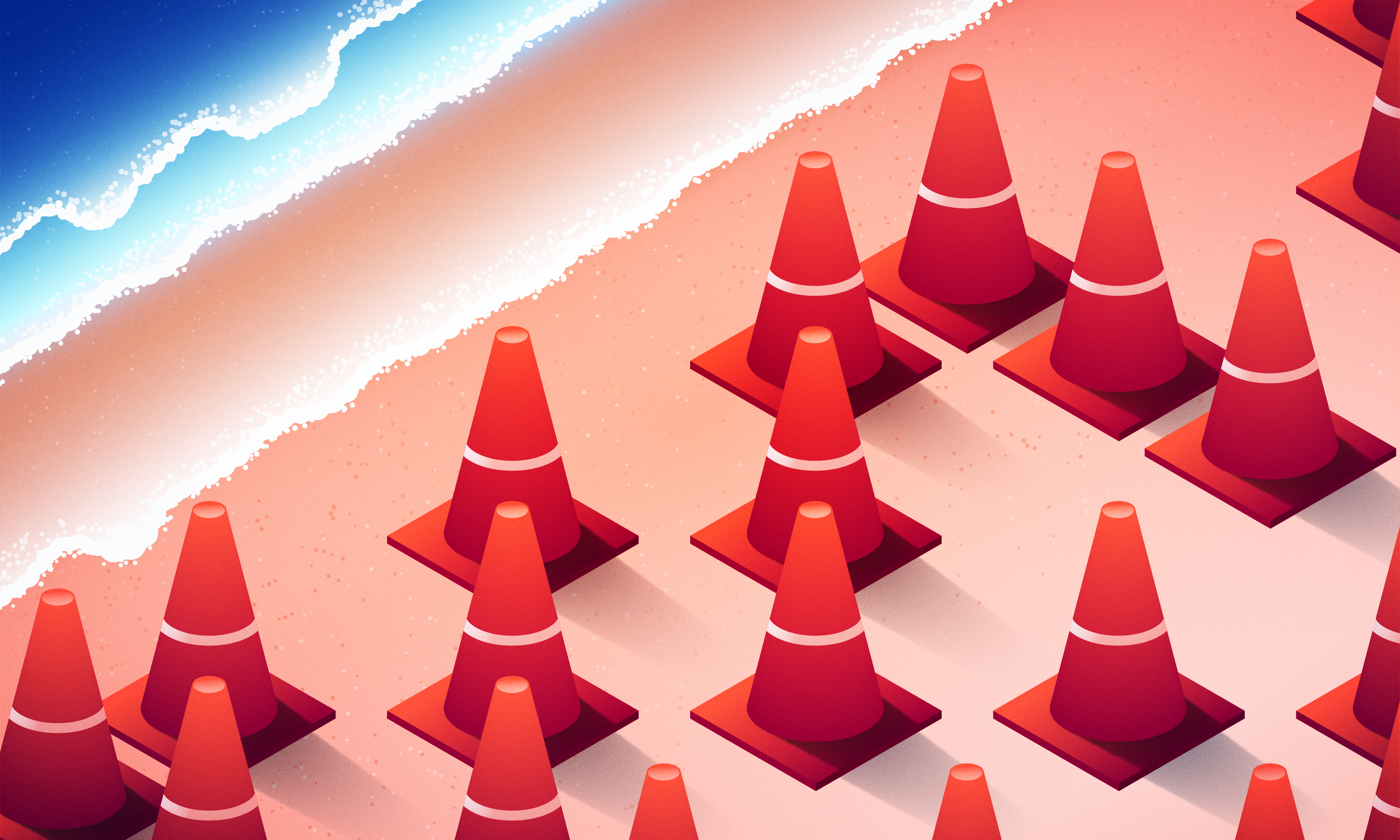 A pattern of red traffic cones arranged in rows on a gradient background transitioning from sandy beige to deep blue, resembling a shoreline with foamy waves.