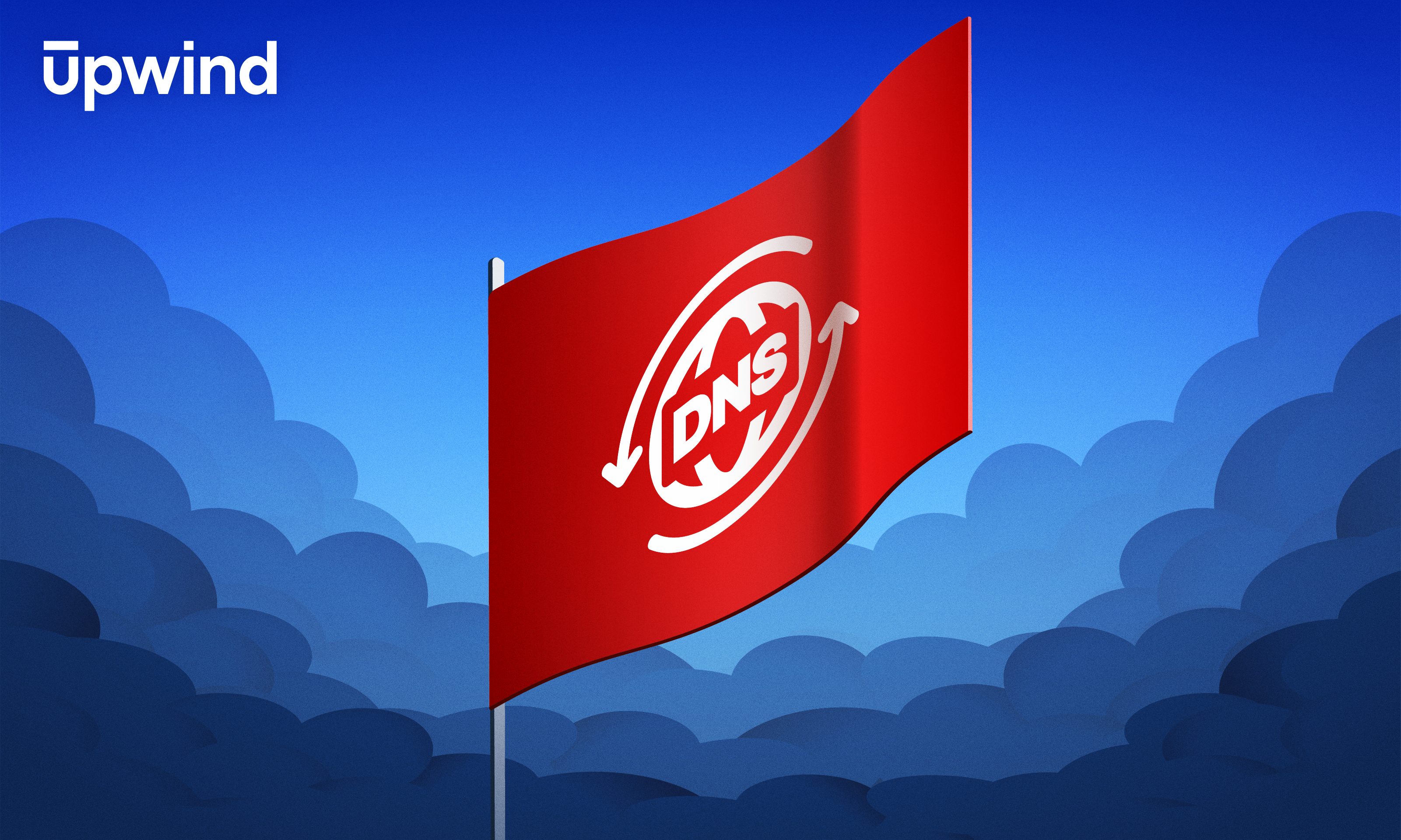 A red flag with a circular arrow design featuring the letters DNS waves against a blue cloudy sky. The word Upwind is displayed in the top left corner.