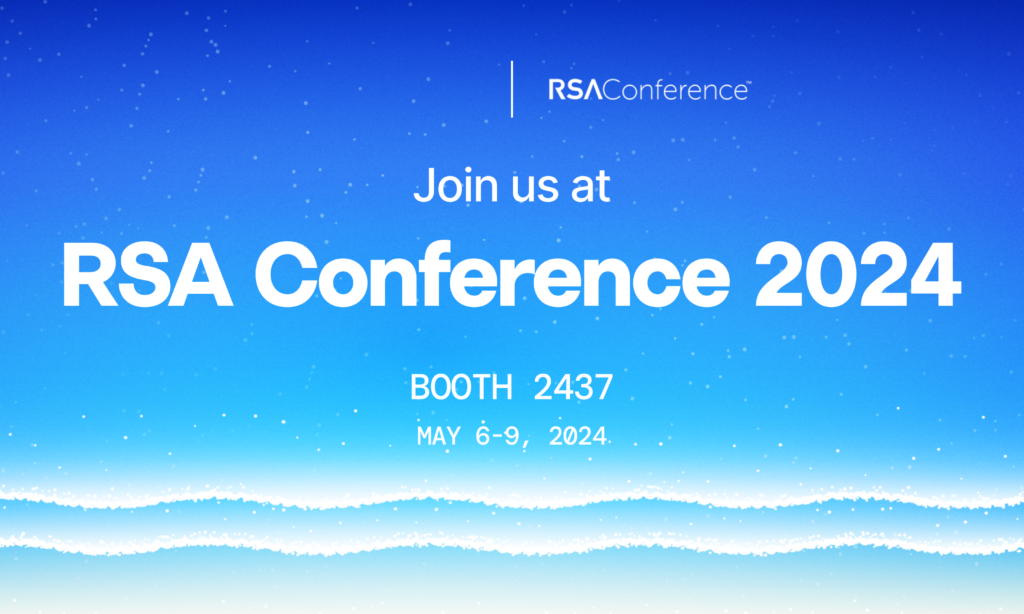 Blue background with white text promoting the RSA Conference 2024. It reads: Join us at RSA Conference 2024, Booth 2437, May 6-9, 2024. A subtle wave-like pattern is at the bottom.