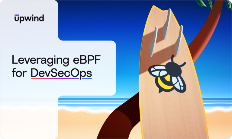A surfboard leaning against a palm tree on a beach. The surfboard has a bee illustration. Text on the image reads: Leveraging eBPF for DevSecOps. A blue sky and ocean are in the background.