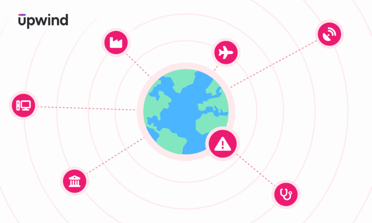 An illustration of Earth at the center with six pink icons connected to it by dotted lines: a computer, a factory, an airplane, a warning symbol, a stethoscope, and a satellite dish. The word upwind is in the top left corner.