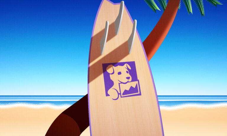 A surfboard with a dog graphic featuring a chart is propped against a palm tree on a sunny beach. The ocean and a clear blue sky are in the background.