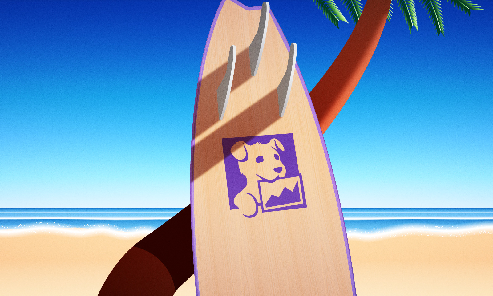 A surfboard with a dog graphic featuring a chart is propped against a palm tree on a sunny beach. The ocean and a clear blue sky are in the background.