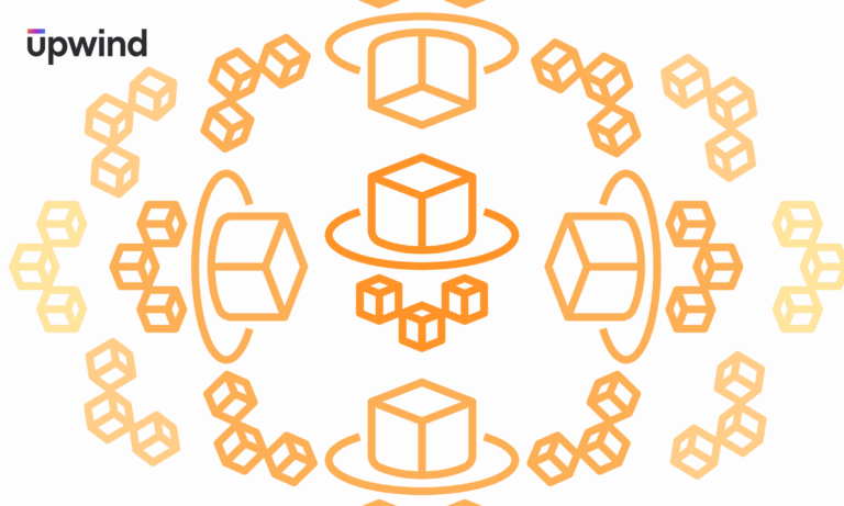 Abstract geometric pattern with interconnected orange cubes forming circular and linear shapes on a white background. The upwind logo is visible in the top left corner.
