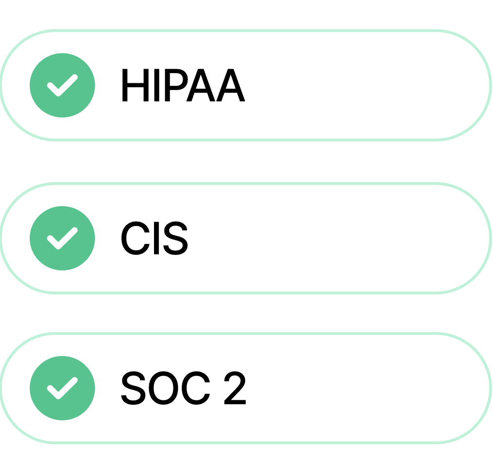 Three rounded rectangles with green check marks and text: HIPAA, CIS, and SOC 2.