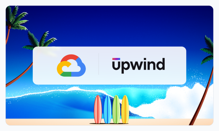 The image shows a beach scene with blue waves and palm trees. In the center, theres a white rectangle featuring the Google Cloud logo and the Upwind logo. Below it, colorful surfboards are lined up in the sand.