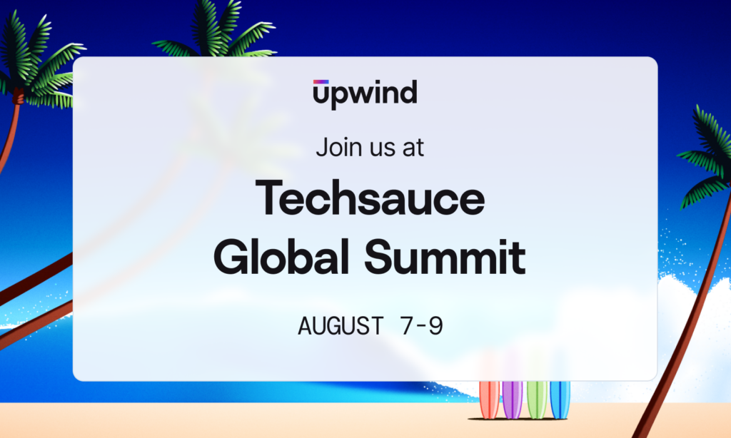 Event invitation with palm trees, surfboards, and blue sky background. Text reads: Join us at Techsauce Global Summit, August 7-9.
