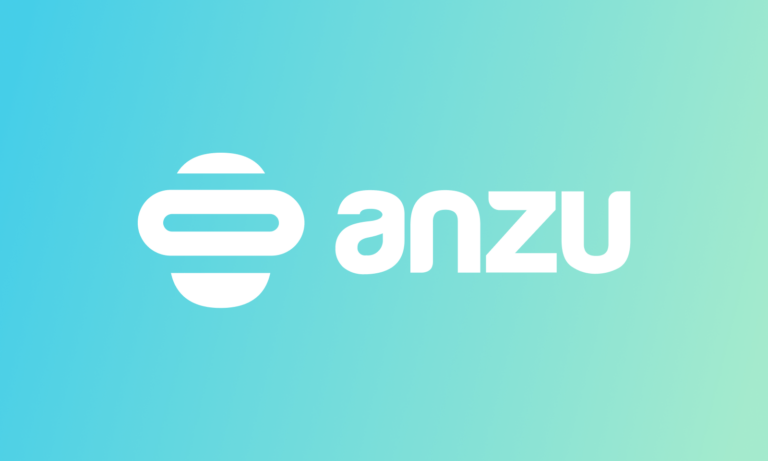 The image features the Anzu logo in white on a gradient background transitioning from blue to green. The logo includes a stylized symbol composed of two parallel horizontal lines connected by a vertical line, alongside the word anzu.