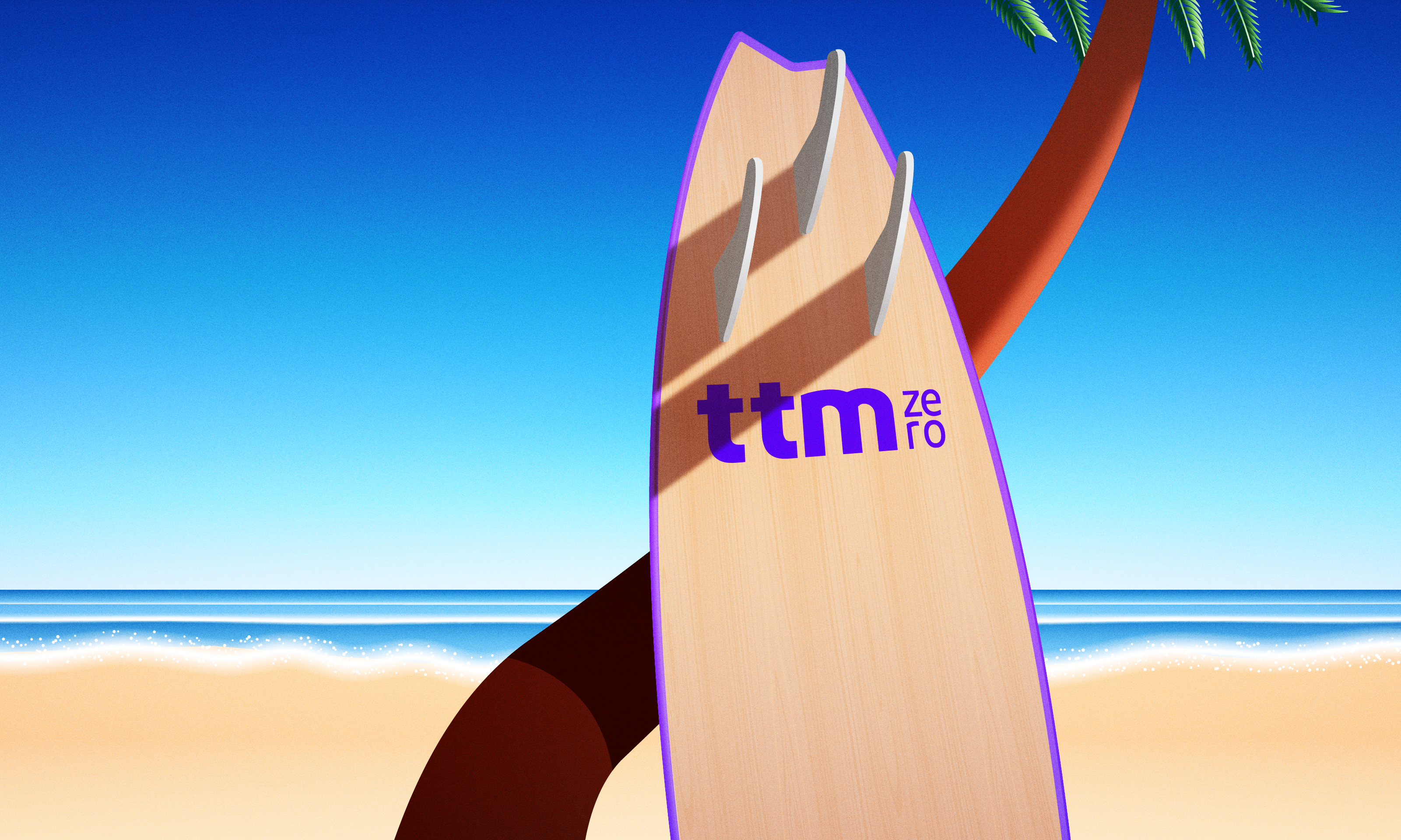 A surfboard with the logo ttm zero leans against a curved palm tree on a sandy beach. The ocean is calm, and the sky is clear with a vibrant blue hue.